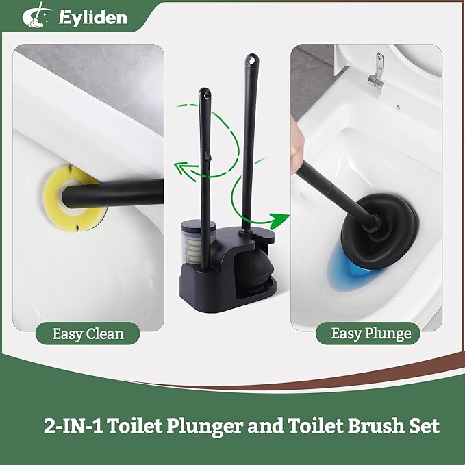 Eyliden Toilet Brush and Plunger Combo Set | 2-in-1 Disposable Toilet Bowl Wand Kit with 10 Refill Heads, Toilet Plunger, Compact Storage Holder | Bathroom Cleaning System for Home, Black