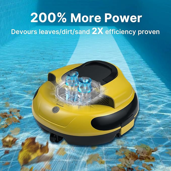 Cordless Robotic Pool Cleaner - Dual Motor Powerful Suction, 150 Min Runtime, Auto Parking, Ultra-Quiet, for In-Ground Pools Up to 50ft, Energy Efficient & Lightweight (Yellew)