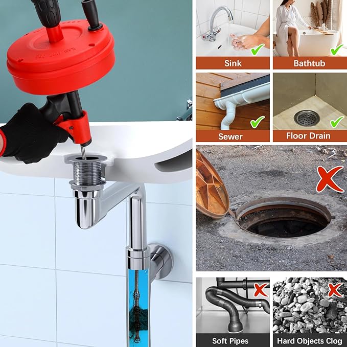 New 50 FT Double Mode Drain Snake Tools, 11-in-1 Drain Auger for Sink and Drain Unblocking, Plumbing Snake for Kitchen, Bathrom and Shower Sink, Snake for Real DYIs (Red) NEW