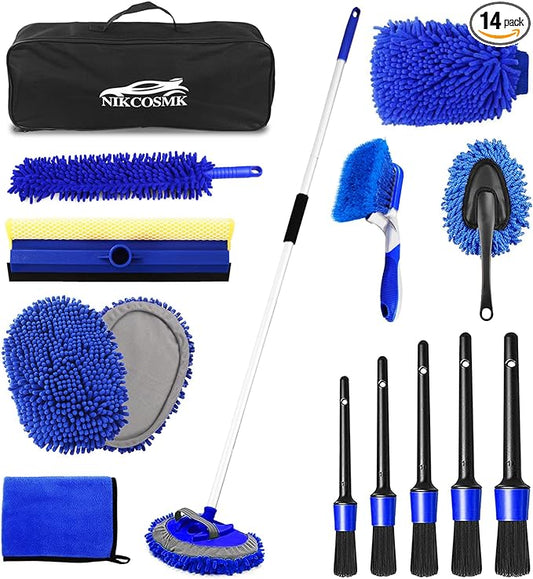 62'' Car Wash Brush Kit Mitt Mop Sponge with Long Handle, 1 Chenille Scratch-Free Replacement Head, Windshield Window Squeegee,Car Duster,Car Detailing Brushes,Tower,Car Cleaning Kit for Cars RV Truck