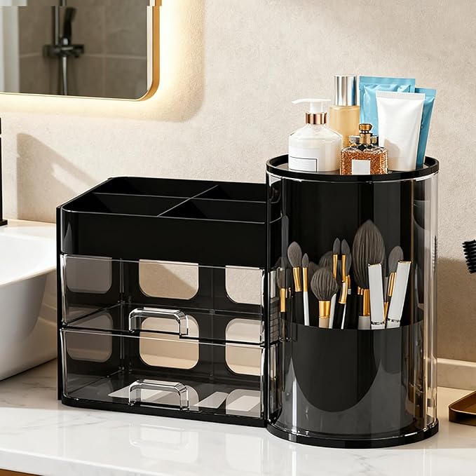 Makeup Storage Box Mesh, Makeup Organizer For Vanity, Cosmetic Display Cases With Transparent Cover, Drawers, Dustproof, Portable Handle, For Vanity, Dresser, Countertop (Blak)
