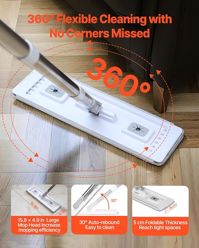 VEVOR Mop and Bucket with Wringer Set, Wet & Dry Use, Flat Mop and Bucket System with 3 Washable Microfiber Pads, Flat Mop with Stainless Steel Handle, Mop Bucket Set for Hardwood Tile Vinyl