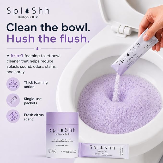 SplaShh 5 in 1 Foaming Toilet Bowl Cleaner, 30 Powder Packets, Fresh Citrus Scent, No Harsh Chemicals, Easy Clean, Replaces Sprays, Pods & Tablets, Stain & Odor Remover, Convenient Pouches