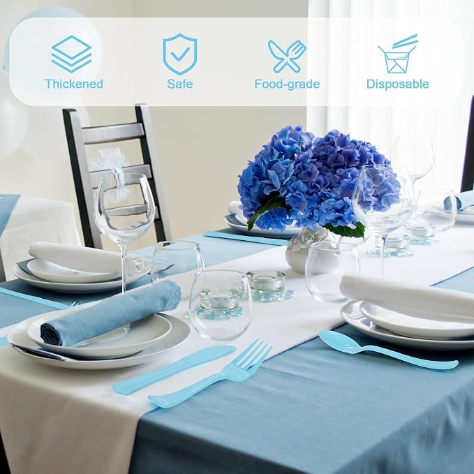 Kochorie 300 Pieces Graduation Light Blue Plastic Silverware, Disposable Plastic Utensils, Heavy Duty Cutlery Set Heavyweight Flatware Includes Spoons Forks Knives for Birthday Party Wedding Dinner