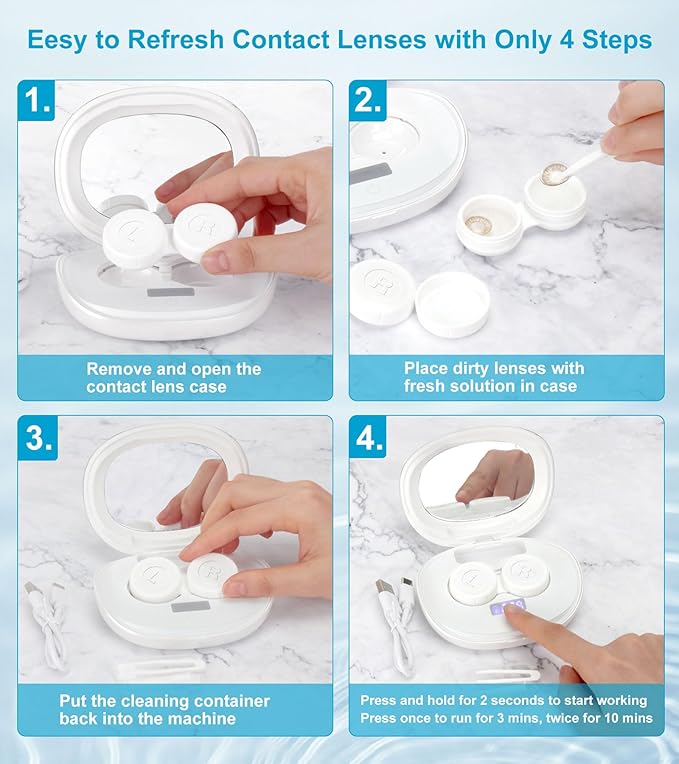 ofone Contact Lens Cleaner, Ultrasonic Contact Lens Cleaning Machine with USB Charger, Timer Display and 5 Contact Solution Cases Kit Replacement for Soft Hard Colored RGP Lenses (White)