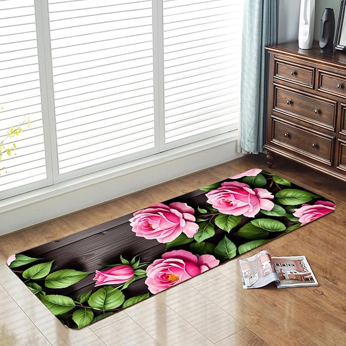 WODEJIA Non Slip Bath Rugs Sponge Foam for Bathroom,Flannel Mat Rug for Living Room, Absorbent MatS for Forlaundry Room and Kitchen,Wooden Board Flower Pattern Welcome Mat 47x18 Inches