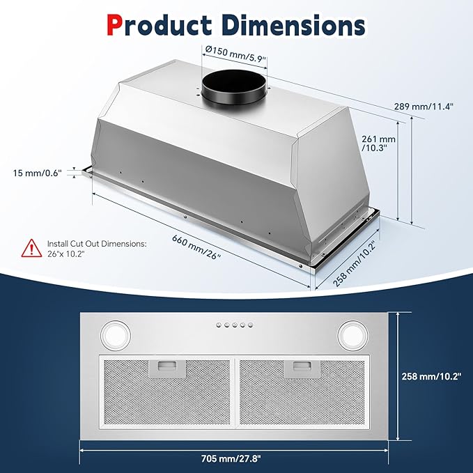 Range Hood Insert 30 Inch Stainless Steel Built-in Kitchen Hood with 600CFM, Ductless/Ducted Range Hood, Push Button Control, 3-Speed Fan, 2 Pcs Aluminum Filters