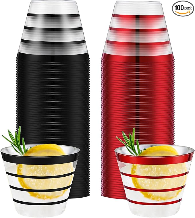 Gejoy 9 oz 100pcs Casino Party Cup Rimmed Stripe Plastic Cups Bulk Disposable Wine Hard Plastic Drinking Cocktail Cups Tumblers for Wedding Gathering Party Supplies(Black, Red)