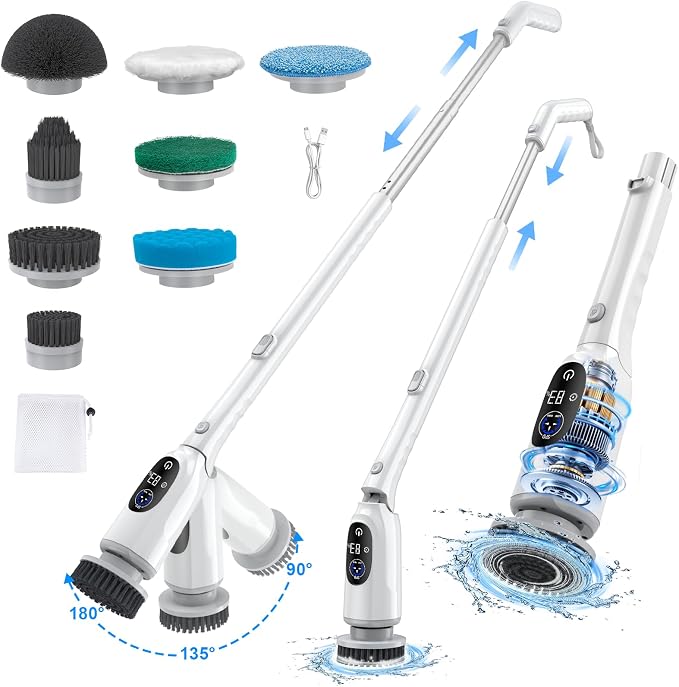 Electric Spin Scrubber, Cordless Shower Scrubber with Adjustable Long Handle, 3 Speeds with IPX7 Bathroom Scrubber, 8 Brush Heads, Electric Cleaning Brush for Bathroom/Kitchen/Bathtub/Crack/Floor/Tile