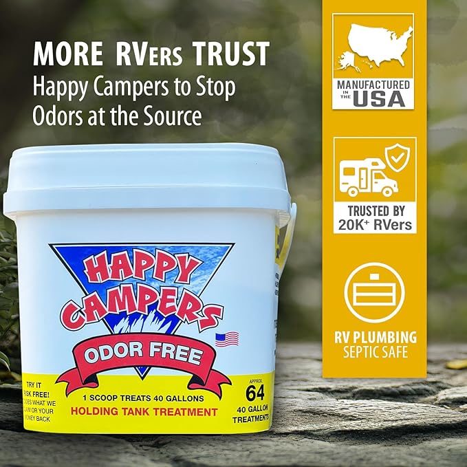 Happy Campers RV Toilet Treatment - Powerful Odor Control, Long-Lasting RV Tank Treatment - Prevents Clogs, Buildup, Sensor Failure - Keeps Holding Tank Clean & Healthy, Odor Free (64 Treatments)