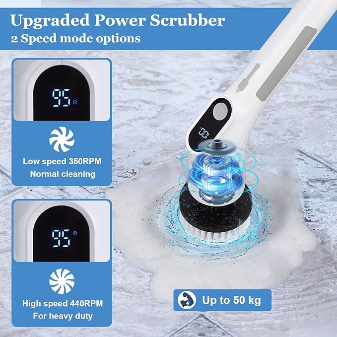 Cordless Electric Spin Scrubber, Powerful 2-Speed Shower & Bathroom Cleaner with LED Display, Adjustable Handle & 11 Brush Heads, Lightweight, Rechargeable & Perfect for Tough Grime
