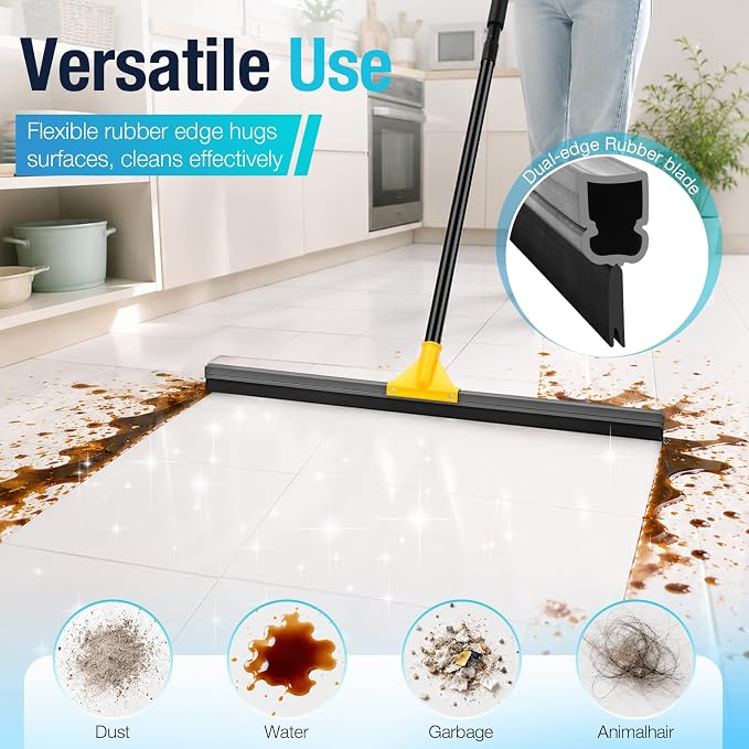 SOBONNE 24" Floor Squeegee for Concrete Floor Water Removal | Heavy Duty Large Rubber Squeegee Broom/ 57" Long Handle for Tiles Window Shower Garage Patio Deck Pool/Yellow