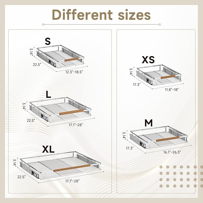 2 Pack Expandable Pull Out Cabinet Organizer，Side Mounting 12.3~18.5"x22.5"Cabinet Pull Out Shelves, Expandable Slide Out Spice Rack for Kitchen Bathroom Office