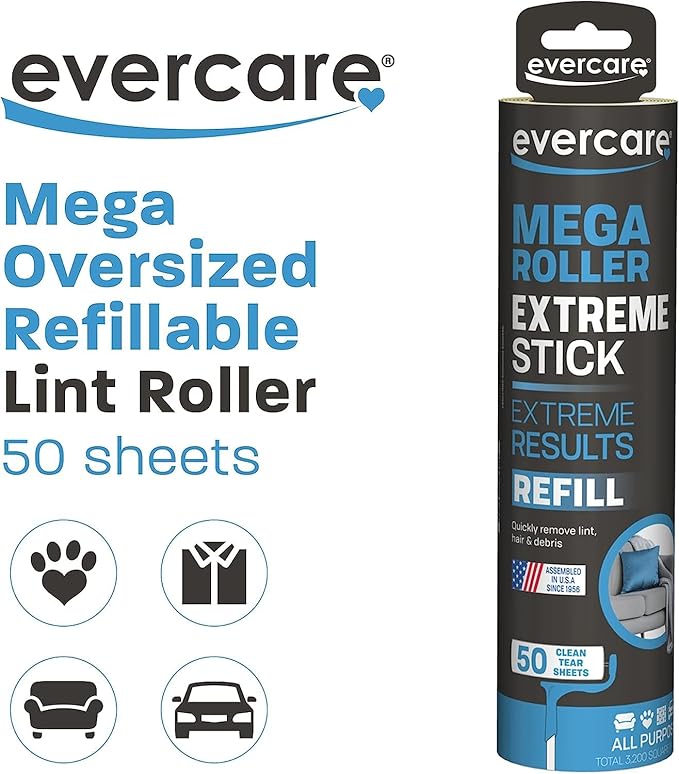 evercare Pet Mega Extreme Surface Coverage 50 Layer Lint Roller Refill for Cleaning Debris Off of Clothes and Furniture, 3 Pack