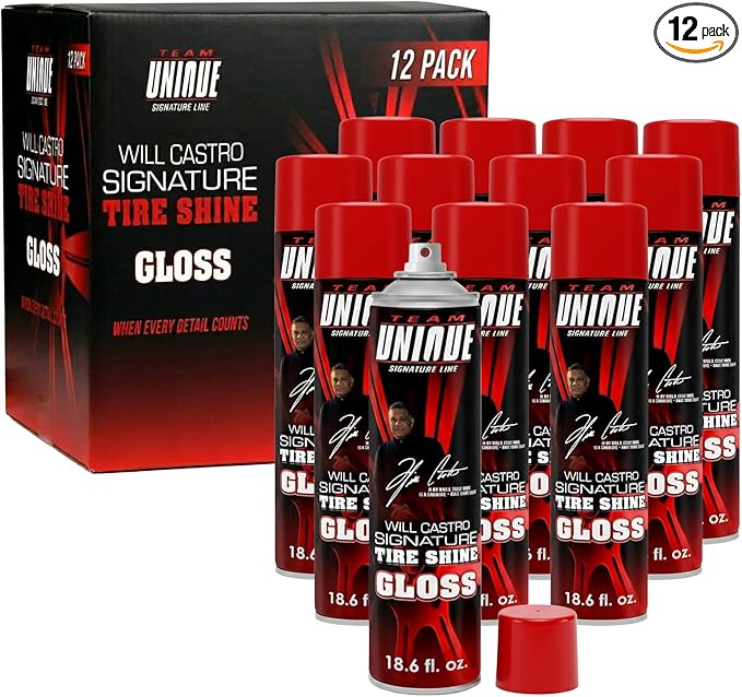TEAM UNIQUE Tire Shine Gloss – 18.6 fl oz (Pack of 12) | High-Gloss Tire Shine Spray | UV Protection Against Cracking & Fading | Non-Greasy, Low-Sling Formula for Cars, Trucks & SUVs