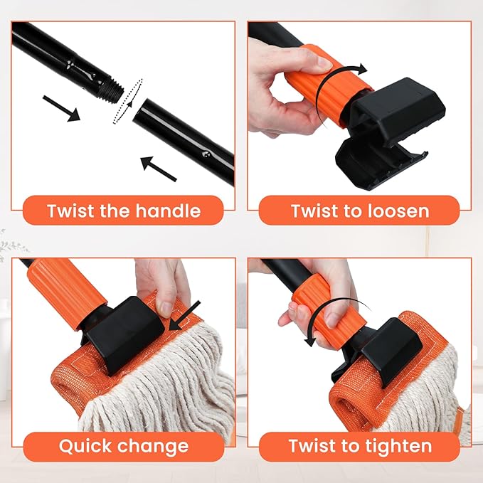 KalTell (1PK) Commercial Mop Handle Heavy Duty with Jaw Clamp Industrial Steel Mop Stick with 58” Long Handle Wet Mop Handle Gripper-Savety Orange