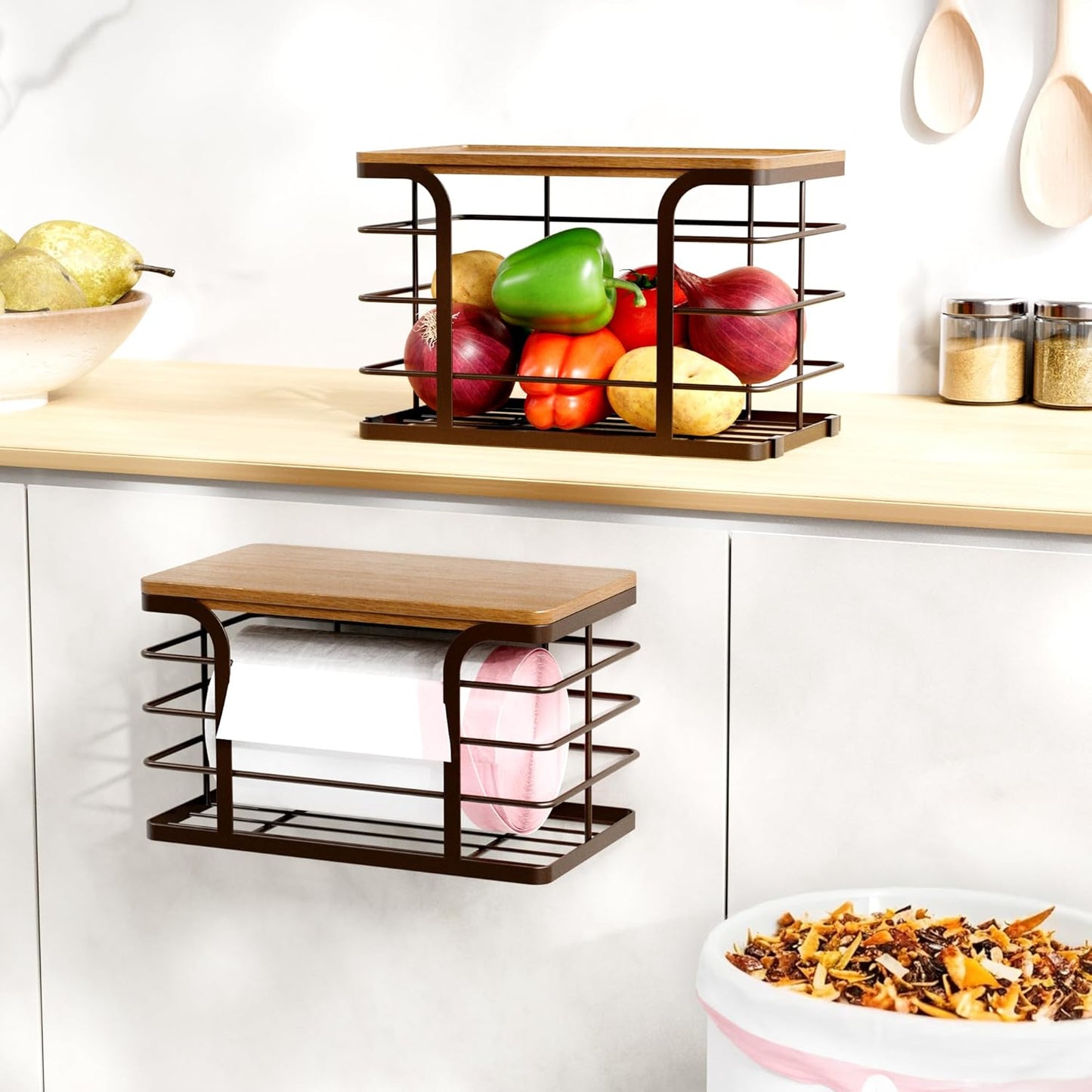 2 Pack Storage Stackable Kitchen Laundry Pantry Organizers,Wall Mount Trash Bag Holder Dispenser with Bamboo Top Countertop Organizer,Brown