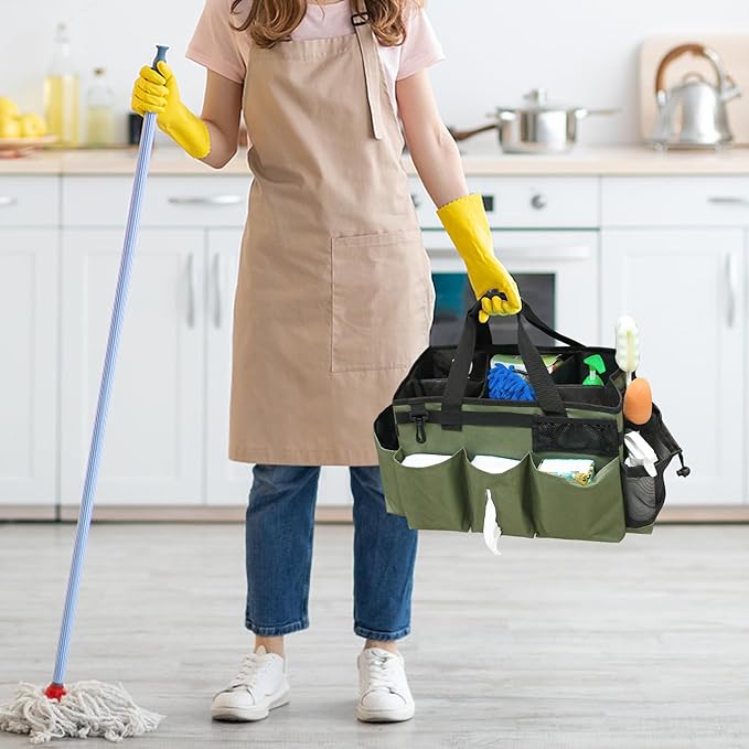 Wearable Cleaning Caddy Bag, Kitchen Supplies Organizer with Handle&Shoulder Strap, Under Sink&Car Cleaning Tool Tote with 4 Foldable Dividers for Housekeepers Cleaners (Army Green)