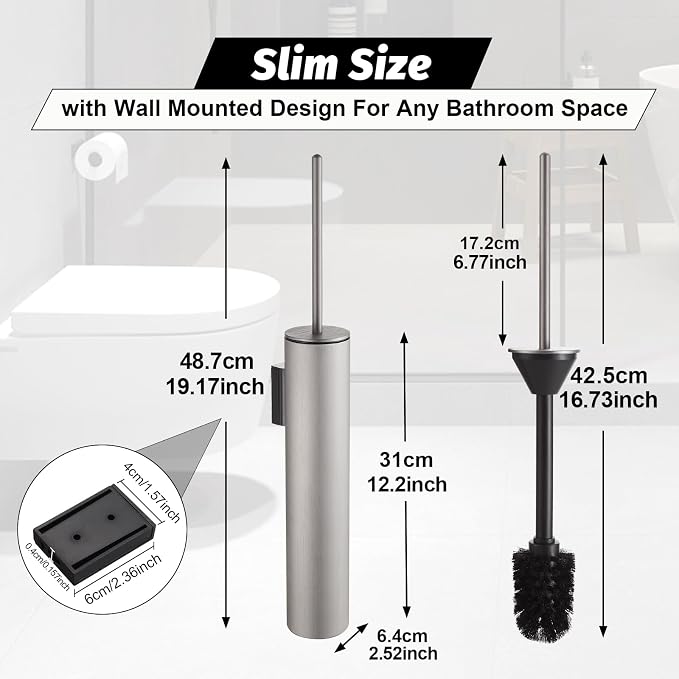 BGL Toilet Brush and Holder Set Brushed Nickel Wall Mounted for Bathroom Round Design