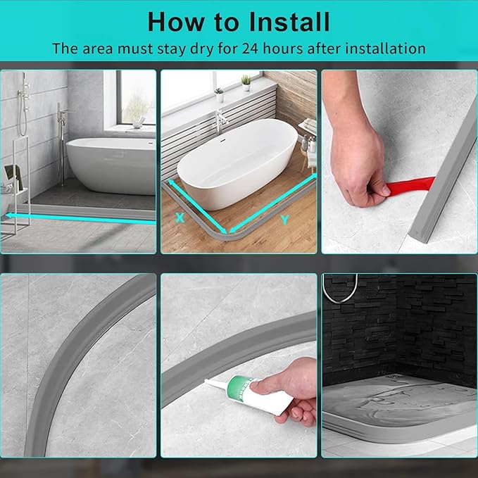 Hi-Na 3ft/5ft/6ft/8ft10ft Collapsible Shower Threshold Water Dam Water Barrier for Shower and Water Stopper Keeps Water Inside Water Threshold for Wet and Dry Separation (3ft, Grey)