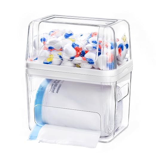 Kaen 3-in-1 Trash Bag and Laundry Pods Dispenser Dishwasher Pod Container | Clear Storage Bins with Lids for 13/30/33 Gallon Bags Under Sink Organizer for Laundry Room Organization