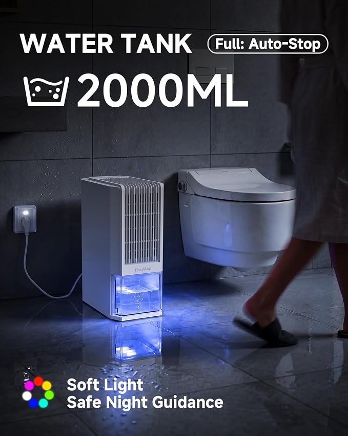 EasyAcc 2000ML Bathroom Dehumidifier, 45 oz/Day Lager Dehumidifier for Bathroom, Quiet Moisture Control Lager Dehumidifier for Home, Auto Shut-Off, 68 oz Tank, 7 LED Light for Closet RV
