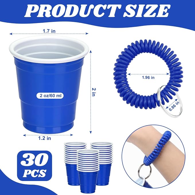 30 Pcs Blue Shot Cups with Wristband for Party 2oz Plastic Shot Glasses Bulk Disposable Mini Shot Glasses with Bracelet Wear on Solo Cups for Party Wedding Beer Taste Serving Graduation Birthday