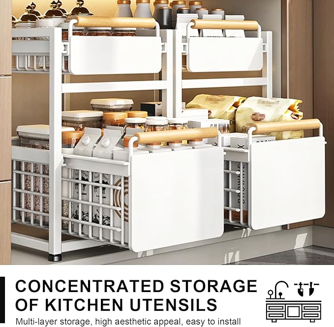 2 Tier Pull-out Storage Organizer, Slide Out Kitchen Cabinet Storage Sliding Shelves, Under Sink Organizers Drawer, Mesh Cabinet Basket with Handle for Bathroom, Home(White, Single Layer L)
