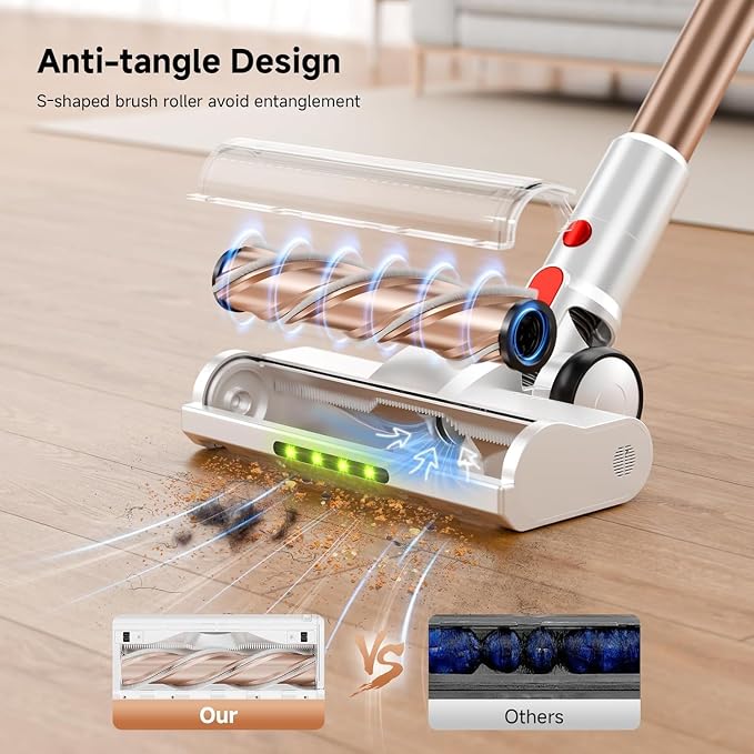 Cordless Vacuum Cleaner, 500W/40Kpa Vacuum Cleaners for Home, Stick Vacuum Cordless with LED Display, Anti-Tangle & Wall Mount, 8 in 1 Lightweight Vacuum for Hard Floors Pet Hair(Gold)