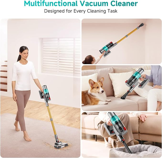 Cordless Vacuum Cleaner: Portable 6-in-1 Stick Vacuum with Anti-Tangle Brush, LED Headlight, Self-Standing, HD Display, Rechargeable Vacuum for Pet Hair, Low-Pile Carpet and Hardwood Floor-Green