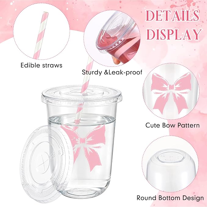 LemonRoad 50sets 16oz Pink Bow Cups Pink Birthday Party Decorations Supplies Cute Plastic Cups Disposable with Lids and Straws for Valentines Galentines Day Christmas Wedding Baby Shower Decorations