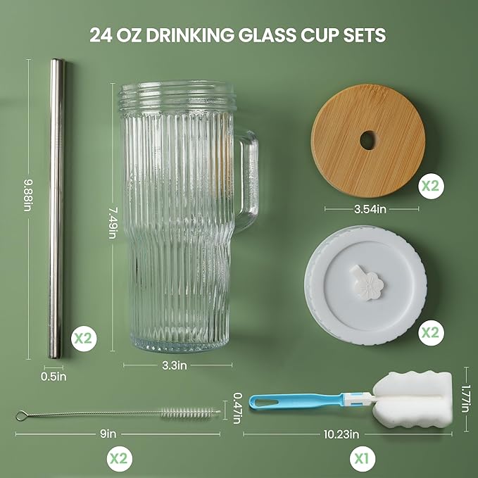 Birity 24oz Ribbed Glass Cup with Lids and Straws,2Pack Glass Tumbler with Handle,Reusable lced Coffee Cups with lids-Glass Cups with Lids,Mason Jar Cup for Smoothie,Coffee,Juice,Water,Tea,Travel Mug