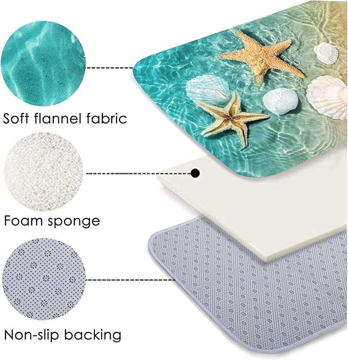 WODEJIA Bathroom Anti-Slip Foam Carpet,Durable Flannel Mat 3D Print Rug for Living Room, Absorbent Water Clearance MatS for Forlaundry Room and Kitchen, Beach Starfish Scallop Carpt 59 x 24 Inches