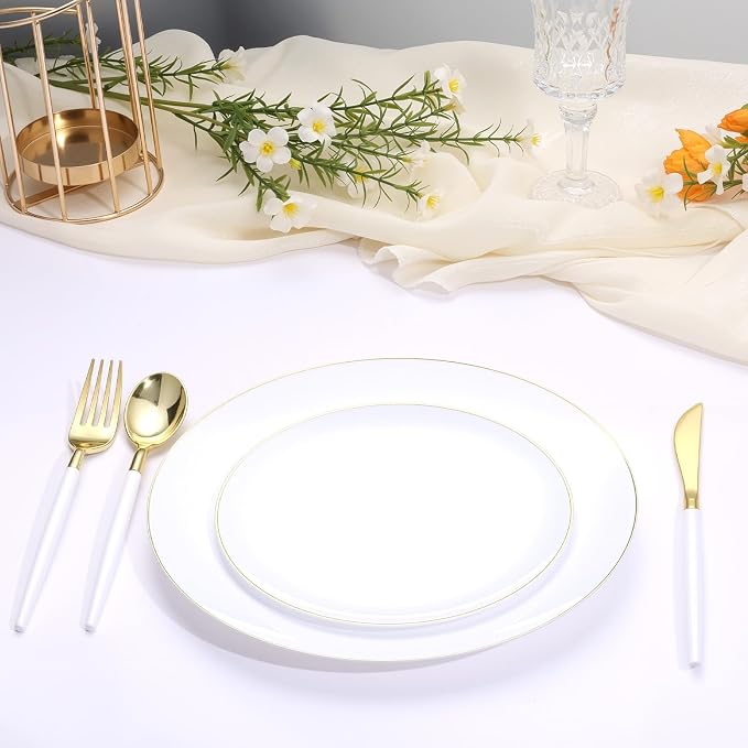 Goodluck 150 PCS White Gold Plastic Silverware Set for 50 Guests,50 Knives, 50 Forks and 50 Spoons, Food-grade material free of BPA, Gold Plastic Cutlery Ideal for Weddings, Birthdays, Graduation