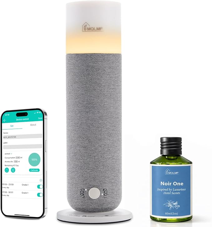 Hotel Collection Diffuser Machine,Fabric-Wrapped Design,Candlelight Atmosphere Lamp,Whisper-Quiet,1000 Sq Ft,Scent Waterless Essential Oil Diffuser,Scent Air Machine Home - Grey
