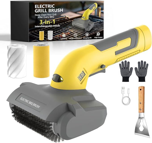 Electric Grill Brush with LED Light,3-in-1 Replaceable Brush Heads, 1200 RPM Speed, Cordless & Type-C Rechargeable Grill Cleaning Tool for Outdoor BBQ(Yellow-Gray)