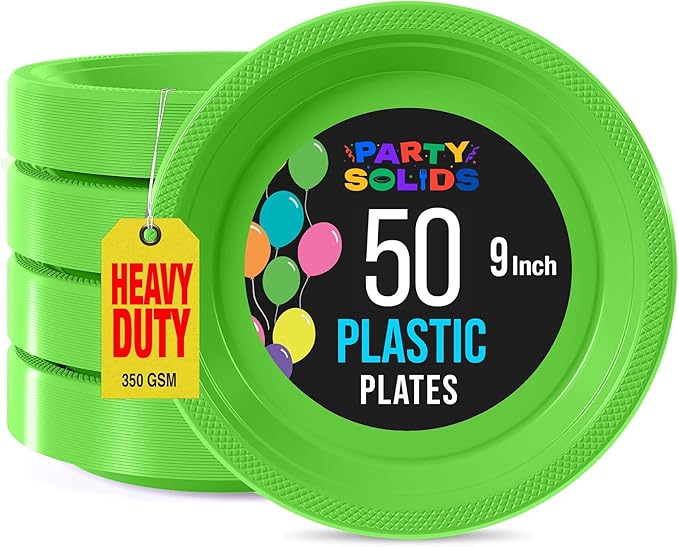 Exquisite Party Solids Lime Green Plastic Plates For Party Supplies 9" Lime Green Disposable Plates Heavy Duty 50 Pcs Plastic Dinnerware Sets Heavy Duty 350 GSM Disposable Dinnerware Set