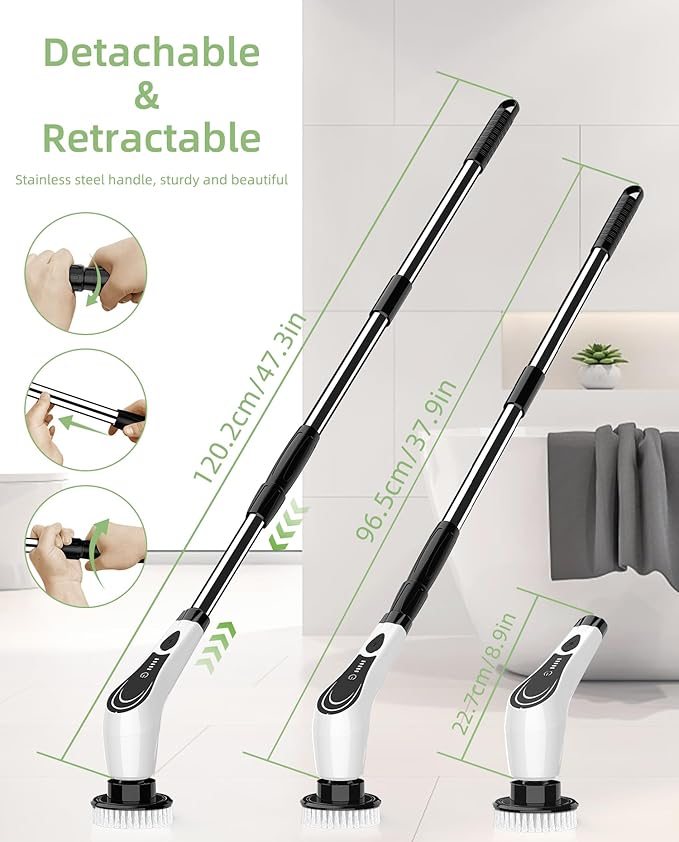 Electric Spin Scrubber, Cordless Power Scrubber with 8 Replaceable Brush Heads, 2-Speed Adjustable Handle, IPX7 Waterproof Shower Scrubber for Bathroom, Tile, Tub, Teens, White-qe1
