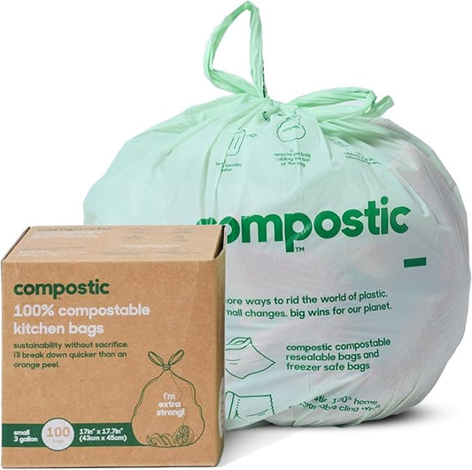 Compostic Compostable Trash Bags, 3 Gallon Small Bathroom & Office (100 Count) Bulk Pack — Extra Strong, Home Compostable, Plant-Based, Non-Toxic Garbage Bags