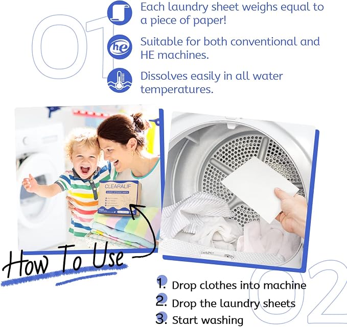 Laundry Detergent Sheets Up to 320 Loads, Fresh Linen - Great For Travel,Apartments, Dorms,CLEARALIF Laundry Detergent Strips Eco Friendly & Hypoallergenic (80 Sheets, Pack of 2)