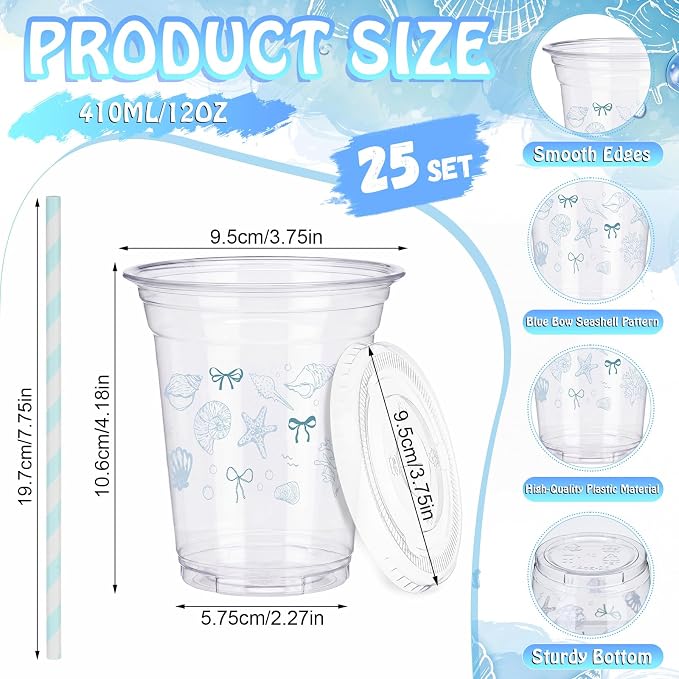 Domensi 25 Sets Seashell Themed Plastic Cups with Lids and Paper Straws 12oz Blue Ocean Disposable Drinking Cups Bulk for Cold Drinks Baby Shower Wedding Summer Theme Birthday Party Supplies