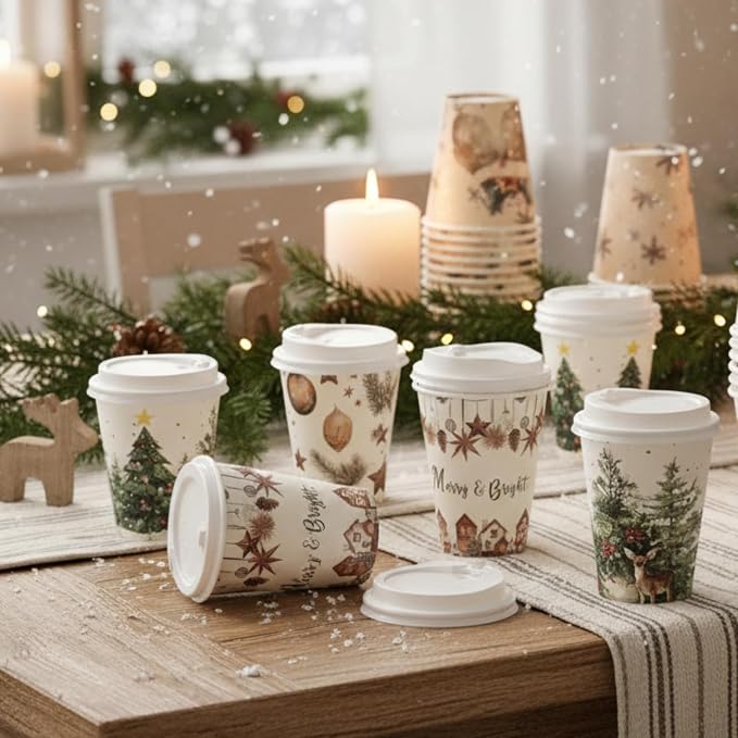 Gerrii 100 Set Christmas Paper Cups Disposable 12 oz with Lids Hot Chocolate Coffee Cups for Hot and Cold Drinks Tea Water Bar Supplies Holiday Winter Season(Cozy Winter)
