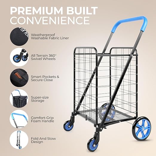 SereneLife Small Compact Folding Shopping Cart with Removable Waterproof Liner – 360° Swivel Wheels, Rust‑Proof Steel Frame, 70 lb Capacity – Portable Grocery, Laundry & Travel Cart (Blue)