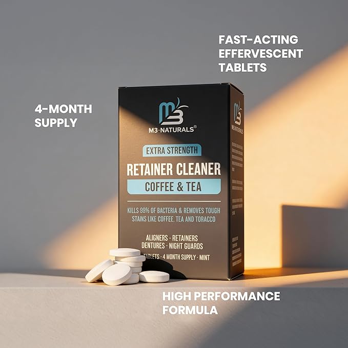Coffee and Tea Retainer Cleaner Tablets, Removes Odors, Stains, and Plaque, 4-Month Supply, Denture Cleanser for Caffeine Enthusiasts, 120 Tablets by M3