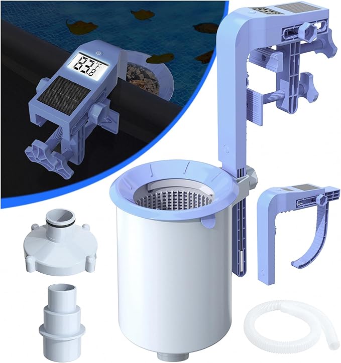DeeprClean Newly Above Ground Pool Skimmer with Solar Digital Thermometer, Wall Mount Surface Skimmer with Adjustable Height Bracket, Auto Skimming for Pool Surface Floating Leaves & Debris-Lavender