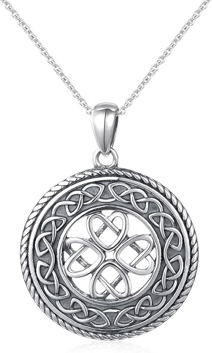 DAOCHONG 925 Sterling Silver Jewelry Oxidized Good Luck Irish Knot Celtic Medallion Round Pendant Necklace, 20 inch
