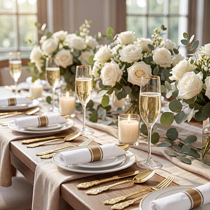 Liacere 400PCS Gold Plastic Silverware - Pre Rolled Napkins Disposable Gold Plastic Cutlery-Premium Quality Utensils-Includes 100Forks,100Knives,100Spoons,100 Napkins & Birthday Party &Events
