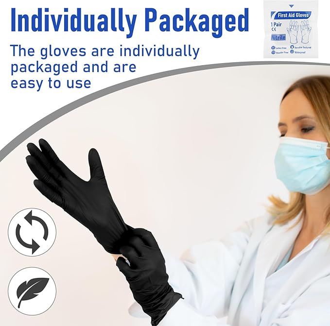 Chicingyou 50 Pairs Disposable Emergency Glove Individually Packaged Travel Gloves Travel Trauma Essential Nitrile Glove (Black)