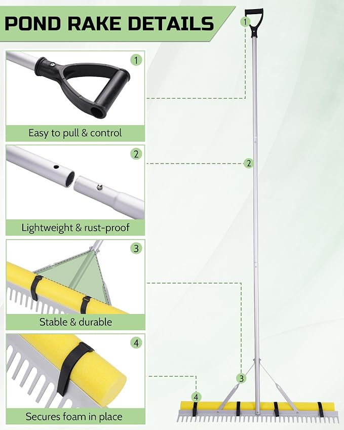 Pond Rake, 36" Floating Rake with 8.5ft (102in) Extension Handle & 20ft Rope, Aluminum Aquatic Weed Rake for Lake, Heavy Duty Landscape Rake for Algae, Muck & Debris Removal, 2-in-1 Water & Land Tool