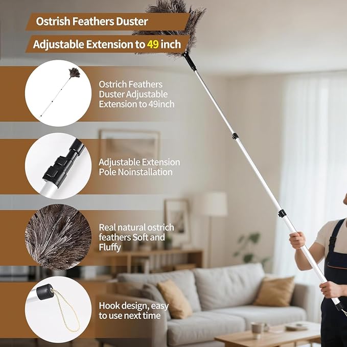 Extendable Ostrich Feather Duster up to 25-49 inches Fluffy Feathers Long Handle Reusable for Cleaning Ceiling Fan Pendant lamp Feather Duster 1pcs